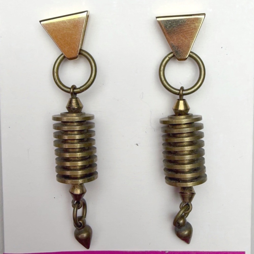 Biko Gold Drop‎ Earrings Triangle Stud Post Back Art to Wear SteamPunk Geometric